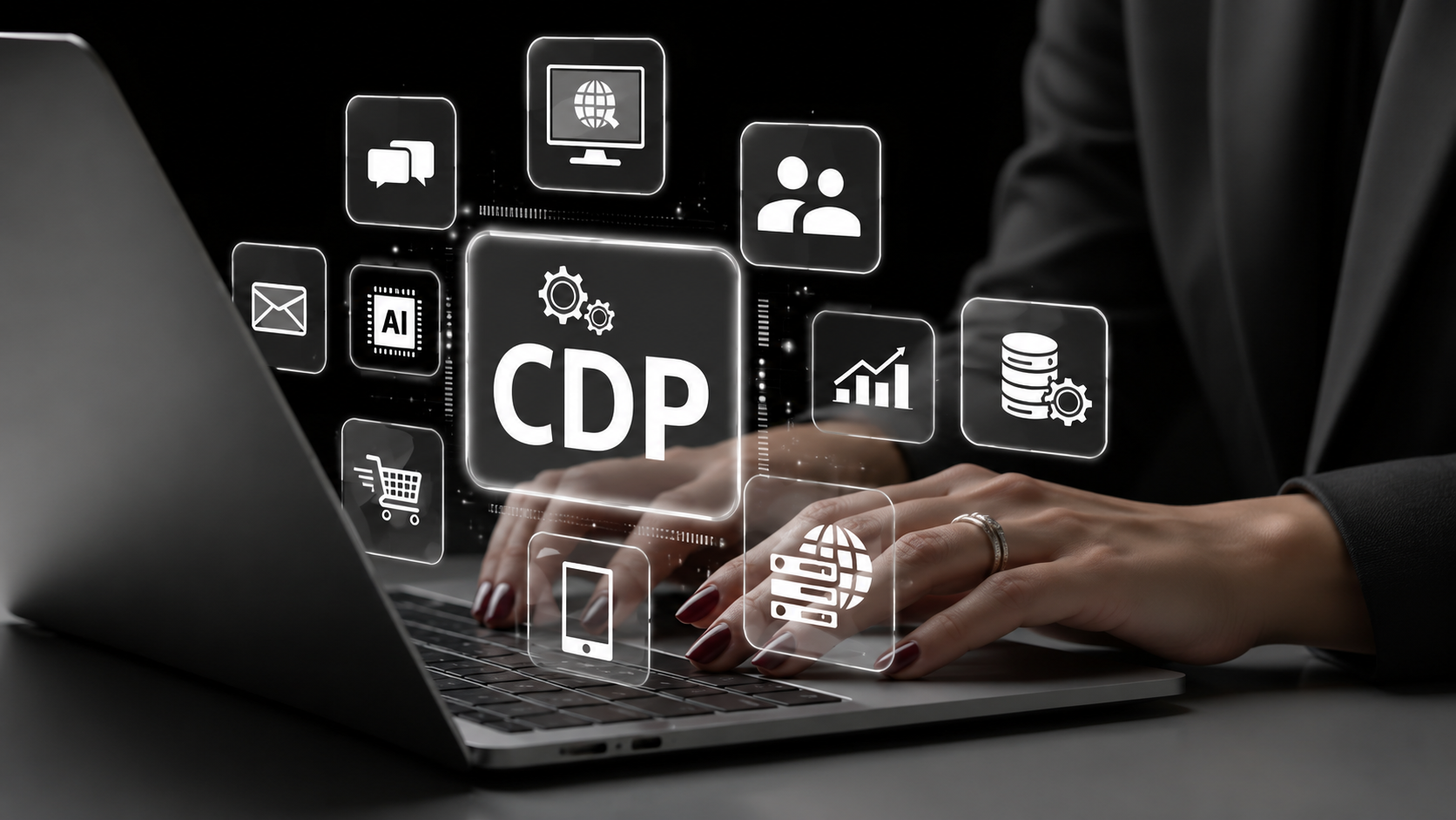 A graphic displaying a CDP at the centre of a marketing eco-system